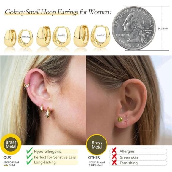 Small Gold Hoop Earrings Set, 14K Gold Plated Chunky Huggies, Hypoallergenic - Picture 4 of 7